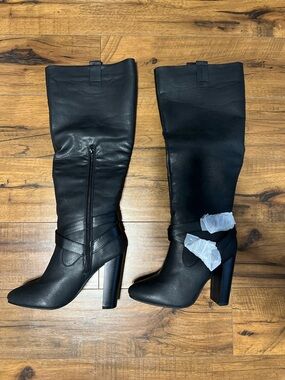 NWT JustFab Black Knee-High Block Heel Boots